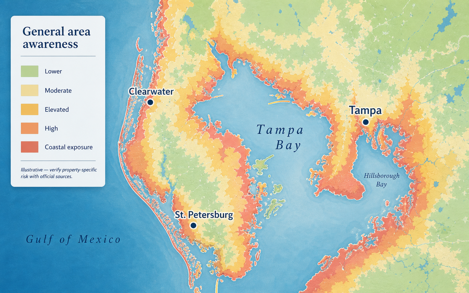 Illustrated Tampa Bay map with generalized flood and evacuation risk-awareness shading