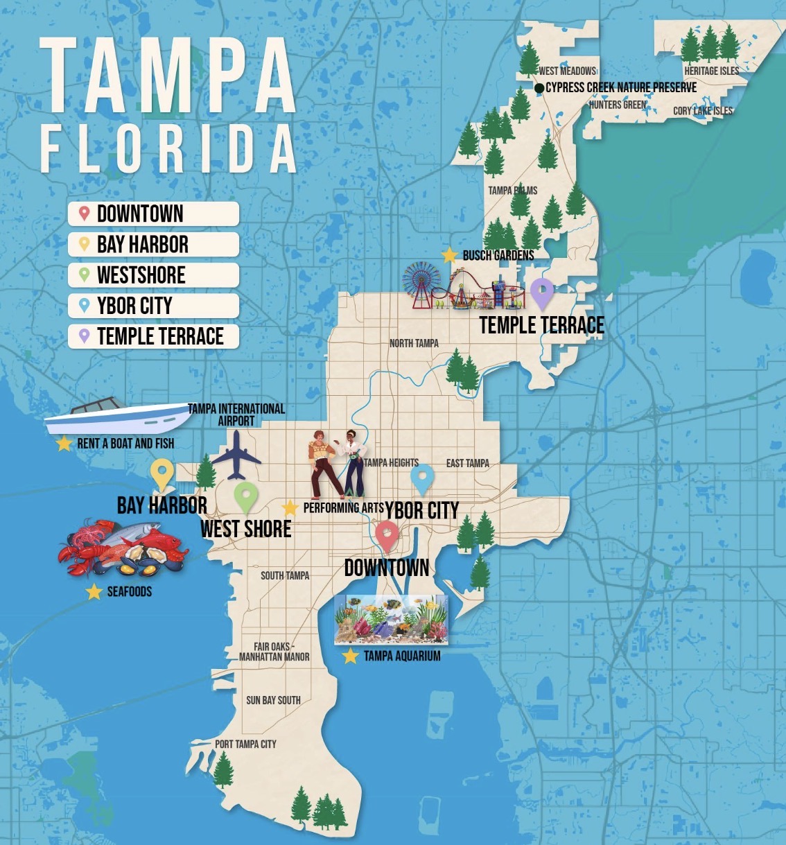 Illustrated map of Tampa, Florida highlighting Downtown, Bay Harbor, Westshore, Ybor City, Temple Terrace and nearby landmarks